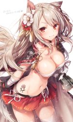 Rule 34 | 1girl, :3, animal ears, azur lane, black gloves, breasts, cleavage, collar, floral print, flower, from above, gloves, hair flower, hair ornament, highres, komeshiro kasu, long hair, looking at viewer, medium breasts, miniskirt, navel, new year, red eyes, red flower, red skirt, silver hair, simple background, skirt, smile, solo, spikes, stomach, tail, tattoo, thick eyebrows, thighhighs, very long hair, white background, white flower, white thighhighs, wolf ears, wolf tail, yuudachi (azur lane), yuudachi (shogun of snowballs) (azur lane)