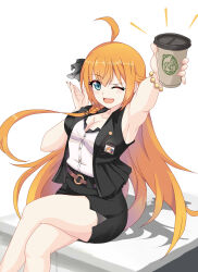 Rule 34 | 1girl, ahoge, armpits, badge, blue eyes, bracelet, braid, breasts, crossed legs, cup, disposable coffee cup, disposable cup, highres, holding, holding cup, jewelry, kokkoro (princess connect!), long hair, maxwelzy, notice lines, one eye closed, open mouth, orange hair, pecorine (princess connect!), princess connect!, shadow, sitting, smile, solo, very long hair, white background