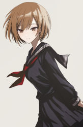Rule 34 | 1girl, arms behind back, bad id, bad pixiv id, black sailor collar, black serafuku, black shirt, black skirt, blush, brown eyes, brown hair, closed mouth, collared shirt, from side, grey background, hair between eyes, highres, leaning forward, long sleeves, meiko (vocaloid), miniskirt, neckerchief, peng vmd, pleated skirt, red neckerchief, sailor collar, sailor shirt, school uniform, serafuku, shirt, short hair, simple background, sketch, skirt, smile, solo, standing, straight hair, vocaloid