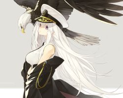 Rule 34 | 1girl, aiguillette, azur lane, bird, black coat, black necktie, breasts, coat, eagle, enterprise (azur lane), from side, grey background, hair between eyes, hat, highres, large breasts, long hair, looking at viewer, military, military uniform, necktie, open clothes, open coat, parted lips, peaked cap, purple eyes, senmu (senmudayo), sidelocks, solo, uniform, upper body, very long hair, white hair