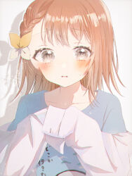 Rule 34 | 1girl, blue shirt, blush, braid, brown hair, casual, clothes writing, collarbone, commentary, commentary request, dress shirt, flower, grey eyes, hair flower, hair ornament, hanasato minori, highres, long hair, long sleeves, looking at viewer, parted lips, project sekai, shadow, shiro noo, shirt, shirt partially removed, shy, simple background, single braid, sleeves past fingers, sleeves past wrists, solo, t-shirt, upper body, white background, white shirt