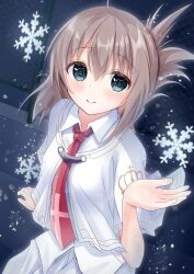 Rule 34 | 1girl, absurdres, aqua eyes, blush, brown hair, capelet, closed mouth, collared shirt, commentary request, eyelashes, fence, folded ponytail, from above, hand up, highres, looking at viewer, medium hair, necktie, night, outdoors, red necktie, school uniform, shirt, smile, snowflakes, snowing, solo, subarashiki hibi, tachibana kimika, tuwabuki70yuta, upper body, white capelet, white shirt