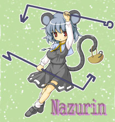 Rule 34 | 1girl, :&lt;, animal ears, blue hair, breasts, covered erect nipples, dress, female focus, full body, jewelry, large breasts, miyata gakuman, mouse ears, mouse tail, nazrin, necklace, oppai loli, red eyes, shoes, short hair, simple background, solo, tail, touhou