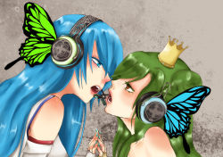 Rule 34 | 2girls, bare shoulders, blue eyes, blue hair, bow, brown eyes, butterfly wings, crown, dress, elbow gloves, elincia ridell crimea, eye contact, fingerless gloves, fire emblem, fire emblem: path of radiance, gloves, green hair, hair bun, headphones, holding hands, imminent kiss, insect wings, lips, long hair, looking at another, lucia (fire emblem), magnet (vocaloid), multiple girls, nail polish, nintendo, open mouth, parody, single hair bun, vocaloid, wings, yuri
