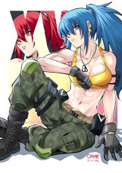 Rule 34 | abs, absurdres, artist name, text background, biceps, blue eyes, blue hair, boots, breasts, camouflage, camouflage pants, cleavage, dark persona, dated, dog tags, gloves, hair over one eye, highres, leona heidern, looking at viewer, looking away, midriff, muscular, muscular female, navel, orochi leona, pants, pouch, red eyes, red hair, sitting, sleeveless, sov the artist, tank top, the king of fighters, the king of fighters xiv, the king of fighters xv, yellow tank top