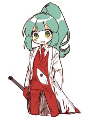 Rule 34 | 1girl, ahoge, blood, blood on clothes, collared shirt, commentary request, cropped legs, e.g.o (project moon), employee (project moon), green hair, hand in pocket, hoshizuki sakusa, jacket, lab coat, lobotomy corporation, long hair, long sleeves, necktie, open mouth, pale skin, pants, project moon, red jacket, red necktie, red pants, shirt, simple background, sketch, solo, star-shaped pupils, star (symbol), symbol-shaped pupils, white background, white shirt