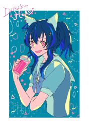 Rule 34 | 1girl, animal ears, black hair, blue hair, bow, bowtie, character name, cropped torso, cup, daitaku helios (umamusume), disposable cup, drinking straw, ear covers, hair ornament, hairclip, highres, holding, holding cup, horse ears, long hair, looking at viewer, mimi (usausamm5), multicolored hair, open mouth, pink eyes, sailor collar, short sleeves, side ponytail, smile, solo, two-tone hair, umamusume, upper body