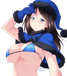 Rule 34 | 1girl, artist name, bikini, black hair, blue eyes, blue gloves, blue hat, blush, breasts, cleavage, covered erect nipples, dated, girls und panzer, gloves, hand to forehead, hat, highres, kuzuryuu kennosuke, large breasts, long hair, looking at viewer, looking to the side, micro bikini, nonna (girls und panzer), one-hour drawing challenge, open mouth, santa bikini, simple background, skindentation, solo, swimsuit, teeth, upper body, white background