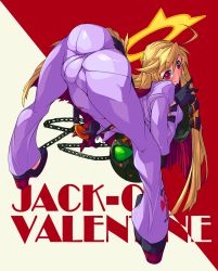 Rule 34 | 1girl, ahoge, arc system works, ass, bad anatomy, ball and chain restraint, belt, bent over, blonde hair, blush, bodysuit, cameltoe, candy, character name, contortion, fat mons, flexible, food, from behind, gloves, guilty gear, guilty gear xrd, guilty gear xrd: revelator, halo, highres, huge ass, jack-o&#039; valentine, lollipop, long hair, looking at viewer, multicolored hair, pantylines, red eyes, red hair, rurukichi, shiny clothes, skin tight, smile, solo, very long hair
