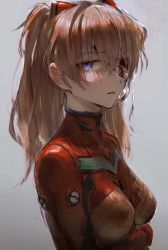 Rule 34 | 1girl, absurdres, bandage over one eye, blood, blood on face, blue eyes, bodysuit, breasts, brown hair, commentary request, grey background, highres, injury, interface headset, long hair, looking at viewer, medium breasts, neon genesis evangelion, plugsuit, red bodysuit, solo, souryuu asuka langley, tentsuu (tentwo), upper body