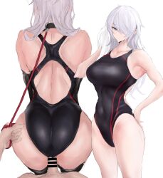 Rule 34 | 1boy, 1girl, absurdres, animal collar, ass, back cutout, bar censor, bent over, black one-piece swimsuit, black thighhighs, breasts, censored, clothing aside, clothing cutout, collar, competition swimsuit, drying, drying hair, from above, grey eyes, grey hair, hand on own hip, hetero, highleg, highleg swimsuit, highres, large breasts, leash, long hair, looking at viewer, multiple views, one-piece swimsuit, original, pov, sex, sex from behind, standing, standing sex, swimsuit, swimsuit aside, thighhighs, towel, viewer holding leash, wet, white background, wiping, yagi 764364