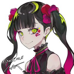 Rule 34 | 1girl, bare shoulders, black hair, black shirt, blush, closed mouth, colored inner hair, commentary request, dated, ear piercing, eyeshadow, facial mark, green eyes, hair ornament, highres, lam (ramdayo), looking at viewer, makeup, multicolored hair, original, piercing, pink hair, portrait, shirt, signature, simple background, smile, solo, symbol-shaped pupils, twintails, two-tone hair, white background