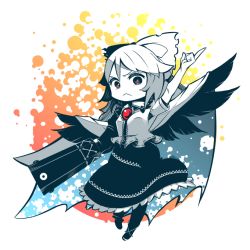 Rule 34 | arm cannon, arm up, black skirt, black wings, bow, cape, chibi, commentary, control rod, feathered wings, frown, full body, gradient background, hair bow, index finger raised, kuroiwairuhito1, long hair, looking at viewer, orange background, red eyes, reiuji utsuho, shirt, short sleeves, skirt, solo, splatter background, third eye, touhou, weapon, white background, white cape, white shirt, wings, yellow background