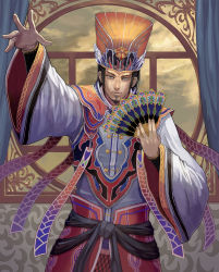 Rule 34 | 1boy, bad id, bad pixiv id, brown eyes, brown hair, chinese clothes, facial hair, hand fan, goatee, guo jia, hat, hidezi, indoors, looking at viewer, male focus, outstretched hand, paper fan, romance of the three kingdoms, sangokushi taisen, solo, standing, wide sleeves