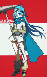 Rule 34 | 1girl, blue cape, blue eyes, blue hair, blue scarf, boots, cape, dragon quest, dragon quest iii, dress, elbow gloves, full body, gloves, green gloves, holding, holding staff, looking at viewer, sage (dq3), sasaki tomomi, scarf, solo, staff, standing, white dress
