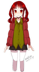 Rule 34 | 1girl, black skirt, blush, closed mouth, collarbone, collared shirt, cropped legs, dated, dress shirt, green shirt, jacket, long sleeves, looking at viewer, maze (gochama ze gohan), open clothes, open jacket, original, pantyhose, pleated skirt, red eyes, red hair, red jacket, shirt, sidelocks, signature, simple background, sketch, skirt, smile, solo, twintails, white background, white pantyhose