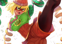 Rule 34 | 1girl, arms (game), beanie, blonde hair, eyebrows visible through mask, fighting stance, green eyes, hat, highres, kicking, leggings, leggings under shorts, legs, mask, min min (arms), nintendo, open mouth, pantyhose, short hair, shorts, simple background, solo, super smash bros., thighs, uenoryoma