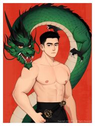 Rule 34 | 1boy, abs, asian, bara, bare pectorals, black eyes, black hair, black pants, chioneoc, closed mouth, collarbone, dragon, eastern dragon, facial hair, highres, holding, holding sword, holding weapon, looking at viewer, male focus, muscular, muscular male, nipples, original, pants, pectorals, portrait, red background, sheath, sheathed, short hair, sideburns stubble, solo, stubble, sword, thick eyebrows, topless male, weapon