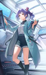 Rule 34 | 1girl, absurdres, black shorts, black socks, collared shirt, commentary request, crazy ones, highres, holding, holding tablet pc, indoors, lab coat, official art, purple hair, qianye zhizi, science fiction, screen light, shirt, shorts, side ponytail, socks, standing, tablet pc, white shirt, yellow eyes