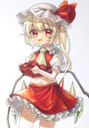 Rule 34 | 1girl, ascot, blonde hair, bow, commentary, crystal, flandre scarlet, frilled shirt collar, frilled skirt, frills, hat, hat ribbon, highres, hisako (6anmbblfnjueeff), looking at viewer, medium hair, mob cap, one side up, puffy short sleeves, puffy sleeves, red bow, red eyes, red ribbon, red skirt, red vest, ribbon, short hair, short sleeves, skirt, solo, touhou, traditional media, vest, wavy hair, white background, white hat, wings, yellow ascot