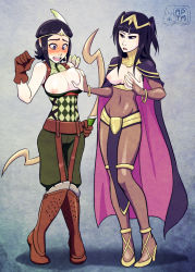 Rule 34 | 2girls, bangle, black hair, blush, bodysuit, bow (weapon), bracelet, breast envy, grabbing another&#039;s breast, breasts squeezed together, breasts, breasts out, bridal gauntlets, brown gloves, embarrassed, fire emblem, fire emblem awakening, gloves, grabbing, jewelry, large breasts, lots of jewelry, mother and daughter, multiple girls, my pet tentacle monster, nintendo, nipples, noire (fire emblem), pale skin, see-through, tharja (fire emblem), weapon