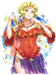 Rule 34 | 1girl, absurdres, alternate costume, blonde hair, blue sky, blush, breasts, cape, circlet, clasp, cleavage, cloud, covered navel, cowboy shot, detached sleeves, fire emblem, fire emblem: the binding blade, flower, gem, gold trim, green gemstone, guinevere (fire emblem), hair lift, hand up, highres, jewelry, large breasts, long hair, looking at viewer, mature female, nintendo, one-piece swimsuit, open mouth, purple sarong, sarong, sky, smile, solo, swimsuit, thighs, tsukimura (d24f4z8j3t), yellow eyes