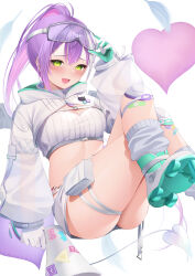 Rule 34 | 1girl, absurdres, breasts, demon girl, demon tail, demon wings, fang, gloves, goggles, goggles on head, green eyes, hair between eyes, highres, hip tattoo, holding, holding megaphone, hololive, knee pads, long hair, long sleeves, looking at viewer, medium breasts, megaphone, midriff, multicolored hair, pink hair, pointy ears, ponytail, purple hair, roller skates, see-through, see-through sleeves, short shorts, shorts, sido (ama r007), skates, skin fang, solo, streaked hair, tail, thighs, tokoyami towa, tokoyami towa (5th costume), virtual youtuber, white gloves, white hair, white shorts, wings