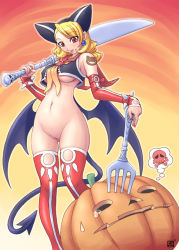 Rule 34 | 1girl, bat wings, blonde hair, bottomless, breasts, cleft of venus, crop top, curvy, demon girl, earrings, fork, gluteal fold, groin, halloween, hip focus, jack-o&#039;-lantern, jewelry, kenix, knife, large breasts, long hair, navel, neckerchief, no bra, no panties, original, over shoulder, pumpkin, purple wings, pussy, red eyes, red sailor collar, red thighhighs, sailor collar, shoulder tattoo, skull, skull and crossbones, sleeveless, solo, stomach, tail, tattoo, tears, thighhighs, thought bubble, tongue, tongue out, uncensored, underboob, wide hips, wings, yellow neckerchief