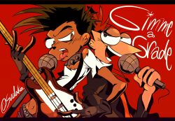 Rule 34 | 2boys, artist name, baljeet tjinder, black hair, choker, dark-skinned female, dark skin, electric guitar, fingerless gloves, gloves, guitar, holding, holding microphone, instrument, male focus, microphone, multiple boys, music, official alternate costume, open mouth, phineas and ferb, phineas flynn, red background, red hair, scene reference, shirt, singing, song name, spiked choker, spiked hair, spikes, sudako (tkb315), t-shirt, tongue, tongue out, white shirt