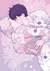 Rule 34 | 2boys, artist name, bad id, bad twitter id, black hair, blush, dutch angle, closed eyes, floral print, flower, grey hair, hand on another&#039;s face, highres, jewelry, katsuki yuuri, kiss, long sleeves, male focus, meyoco, multiple boys, pink background, pink flower, ring, short hair, sparkle, unmoving pattern, upper body, viktor nikiforov, white flower, yaoi, yuri!!! on ice