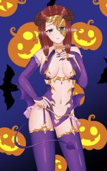 Rule 34 | absurdres, bat (animal), blue eyes, breasts, closed mouth, cosplay, fate/grand order, fate (series), fire emblem, fire emblem echoes: shadows of valentia, halloween, halloween costume, heart, highres, horns, irisviel von einzbern (halloween princess), jack-o&#039;-lantern, large breasts, nail polish, nintendo, nuibaba, pointy ears, purple hair, purple nails, simple background, solo, tanaka313