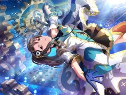 Rule 34 | 1girl, akikaze rui, bare shoulders, boots, brown hair, chain, clockwork, collar, dress, earclip, floating, frilled dress, frills, game cg, gears, gloves, green dress, hair ornament, half gloves, light rays, long hair, long jacket, looking at viewer, outstretched arms, ponytail, red eyes, serious, short sleeves, shoujo kageki revue starlight, shoujo kageki revue starlight -re live-, solo, sparkle, thigh boots, thighhighs, wavy hair