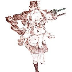 Rule 34 | 10s, 1girl, bag, binoculars, cannon, double-breasted, epaulettes, full body, gurin33, holding, holding binoculars, jacket, kantai collection, kashima (kancolle), looking at viewer, monochrome, one-hour drawing challenge, rigging, searchlight, shoulder bag, sidelocks, simple background, skirt, socks, solo, turret, twintails, white background