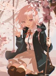 Rule 34 | 1girl, absurdres, backpack, bag, breasts, brown hair, brown skirt, brown thighhighs, cherry blossoms, chinese commentary, chongzhen 085, collared shirt, commentary request, danganronpa (series), danganronpa 2: goodbye despair, flipped hair, hair ornament, hands up, highres, hood, jacket, long sleeves, looking at viewer, medium hair, nanami chiaki, neck ribbon, open clothes, open jacket, pink eyes, pleated skirt, red ribbon, ribbon, shirt, sitting, skirt, smile, solo, spaceship hair ornament, swing, thighhighs, two-tone shirt, weibo watermark, white shirt