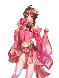 Rule 34 | 1girl, :q, ahoge, artist request, bare shoulders, blush, box, breasts, brown eyes, brown hair, capcom, cleavage, flower, gift, gift box, hair flower, hair ornament, japanese clothes, large breasts, licking lips, midriff, navel, official art, ohatsu (onimusha), onimusha, onimusha soul, panties, short hair, simple background, solo, thighhighs, tongue, tongue out, underwear, white background, white thighhighs, wide sleeves