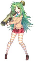 Rule 34 | blue necktie, brown footwear, bullet girls, bullet girls phantasia, cardigan, carl gustaf recoilless rifle, collared shirt, fang, green hair, kishino remi, loafers, long hair, long sleeves, miniskirt, mole, mole under eye, momoko (momopoco), necktie, official art, open mouth, photoshop (medium), plaid, plaid skirt, red skirt, rocket launcher, shirt, shoes, skin fang, skirt, solo, standing, striped clothes, striped thighhighs, thighhighs, transparent background, weapon, yellow eyes, zettai ryouiki