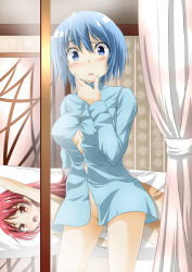 Rule 34 | 10s, 2girls, aftersex, arm up, bad id, bad pixiv id, blue eyes, blue hair, blush, breasts, censored, convenient censoring, covered erect nipples, dakimakura (object), long hair, looking at viewer, lying, mahou shoujo madoka magica, mahou shoujo madoka magica (anime), medium breasts, miki sayaka, multiple girls, naked shirt, no bra, no panties, nude, on side, open clothes, open mouth, open shirt, pillow, red eyes, red hair, sakura kyoko, shirt, short hair, sicile gloria, tears, wide-eyed, window