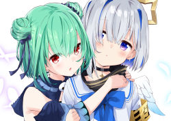 Rule 34 | 2girls, :o, amane kanata, amane kanata (1st costume), armband, bare shoulders, black bow, black choker, blue bow, blue eyes, blue hair, blue sleeves, blue wings, bow, butterfly hair ornament, choker, collarbone, commentary request, detached sleeves, double bun, dress, earrings, eyes visible through hair, feathered wings, gradient wings, green hair, hair between eyes, hair bow, hair bun, hair intakes, hair ornament, hair over one eye, hand up, head tilt, highres, hololive, hug, jewelry, mousou (mousou temporary), multicolored hair, multicolored wings, multiple girls, parted lips, purple hair, red eyes, safety pin, shirt, silver hair, skull, skull earrings, sleeveless, sleeveless dress, two-tone hair, uruha rushia, uruha rushia (1st costume), virtual youtuber, white background, white shirt, white wings, wings