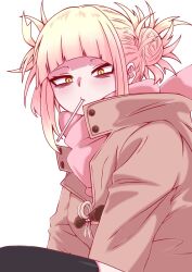 Rule 34 | 1girl, arched bangs, black thighhighs, blonde hair, boku no hero academia, brown coat, candy, closed mouth, coat, double bun, food, ginjaeru, hair bun, highres, lollipop, long sleeves, looking at viewer, messy hair, mouth hold, pink scarf, scarf, short hair, simple background, solo, thighhighs, toga himiko, upper body, white background, yellow eyes