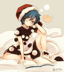 Rule 34 | 1girl, atoki, blue eyes, blue hair, book, brown dress, doremy sweet, dress, hat, legacy of lunatic kingdom, matching hair/eyes, multicolored clothes, multicolored dress, nightcap, one eye closed, short hair, simple background, sitting, solo, tail, touhou, white dress