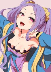 Rule 34 | 1girl, :d, areola slip, breasts, chinese clothes, clearite, collarbone, downblouse, fate/grand order, fate (series), long hair, nipple slip, nipples, no bra, open mouth, purple eyes, purple hair, scrunchie, small breasts, smile, solo, wu zetian (fate), wu zetian (first ascension) (fate)