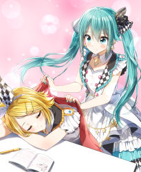 Rule 34 | 2girls, absurdres, bare arms, blonde hair, blue eyes, blue hair, blue nails, blush, checkered ribbon, closed mouth, commentary, covering with blanket, dress, hair between eyes, hair ornament, hair ribbon, hairclip, hatsune miku, highres, kagamine rin, long hair, mechanical pencil, more more jump! miku, more more jump! rin, multiple girls, nail polish, open clothes, open vest, pencil, pentagon (railgun ky1206), project sekai, ribbon, sleeveless, sleeveless dress, smile, twintails, very long hair, vest, vocaloid, white dress, white vest