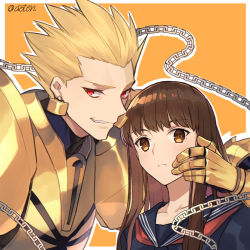 Rule 34 | 1boy, 1girl, aoten (aoiroarekore), arm around shoulder, armor, blonde hair, brown eyes, brown hair, closed mouth, collarbone, enkidu (weapon) (fate), fate/extra, fate/extra ccc, fate (series), gilgamesh (fate), gloves, hair slicked back, highres, kishinami hakuno (female), lock, long hair, looking at viewer, open mouth, orange background, outline, padlock, red eyes, short hair, sidelocks, simple background, smile, white outline