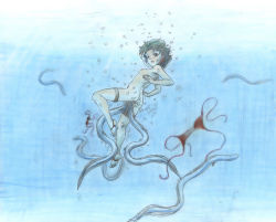 Rule 34 | 1girl, ass, barefoot, bestiality, bikini, breasts, brown eyes, bubble, colored pencil (medium), commentary request, creature inside, diving mask, double penetration, eel, feet, full body, goggles, graphite (medium), green hair, harumachi nagaaki, interspecies, multiple penetration, nipples, nude, one eye closed, open mouth, original, pussy juice, sex, small breasts, soles, solo, swimsuit, toes, traditional media, underwater, underwater sex, unworn bikini, unworn bikini bottom, unworn bikini top, unworn swimsuit