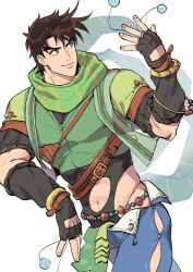 Rule 34 | 1boy, abs, battle tendency, bola (weapon), brown hair, clacker, clothing cutout, cosplay, denim, fingerless gloves, gloves, green eyes, green scarf, groin, hakmonss, highres, jeans, jojo no kimyou na bouken, joseph joestar, joseph joestar (young), joseph joestar (young) (cosplay), leg cutout, midriff, multicolored clothes, multicolored scarf, navel, official alternate costume, pants, partially unzipped, scarf, solo, stomach cutout, striped clothes, striped scarf, tight top