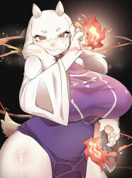 Rule 34 | 1girl, absurdres, animal nose, blue robe, blush, breasts, claws, closed mouth, cowboy shot, female focus, fire, furry, furry female, highres, horns, huge breasts, long sleeves, looking at viewer, red eyes, robe, short eyebrows, solo, sweat, tail, thick thighs, thighs, toriel, undertale, yandere rabbit