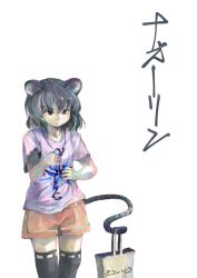 Rule 34 | 1girl, animal ears, bag, casual, character name, contemporary, grey hair, ichiba youichi, jewelry, mouse ears, mouse tail, nazrin, necklace, pendant, red eyes, shirt, shorts, simple background, solo, standing, t-shirt, tail, touhou, translation request, white background