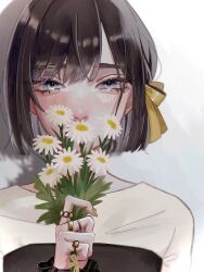 Rule 34 | 1girl, aegyo sal, black hair, blue eyes, blush, commentary request, flower, flower request, grey background, hair ribbon, highres, holding, holding flower, jewelry, looking at viewer, multiple rings, original, ribbon, ring, short hair, simple background, solo, white flower, yellow ribbon, yurosuke