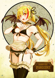 Rule 34 | 1girl, absurdres, apron, arm strap, black bra, black panties, black ribbon, black thighhighs, blonde hair, blush, bow, bow panties, bra, breasts, brown apron, capitan wei, cleavage, collarbone, commentary request, cowboy shot, demon girl, detached collar, earrings, fangs, fingernails, floral background, flower, frilled apron, frilled cuffs, frilled thighhighs, frills, garter belt, glint, hair bow, hand on own hip, hand on own chest, highres, jewelry, long fingernails, long hair, looking at viewer, low twintails, maid headdress, medium hair, multicolored hair, o-ring, open mouth, original, panties, pointy ears, red eyes, red hair, ribbon, rose, sharp fingernails, slit pupils, solo, spikes, streaked hair, thighhighs, twintails, underboob, underwear, underwear only, v-shaped eyebrows, vampire, very long hair, waist apron, white bow, wrist cuffs