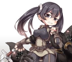 Rule 34 | 1girl, arm grab, black eyes, black hair, blush, bracelet, breasts, clenched teeth, contrapposto, corset, crab man, fingerless gloves, fire emblem, fire emblem awakening, gloves, glowing, glowing eyes, grin, jewelry, large breasts, leg grab, looking at viewer, monster, nintendo, restrained, severa (fire emblem), simple background, smile, standing, sweat, sword, teeth, twintails, underbust, weapon, white background